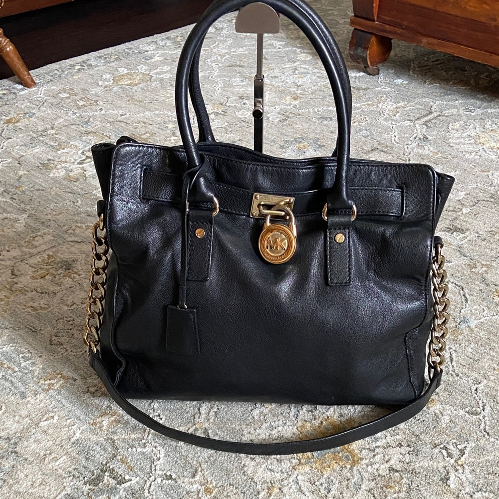 MICHAEL Michael Kors Black Leather Hamilton with Gold Lock and Key Accents